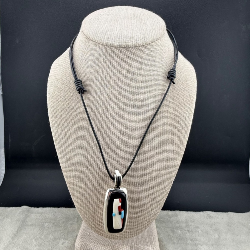 Vintage Signed Southwestern Necklace Silver Tone Inlay Corded  Signed 18"
